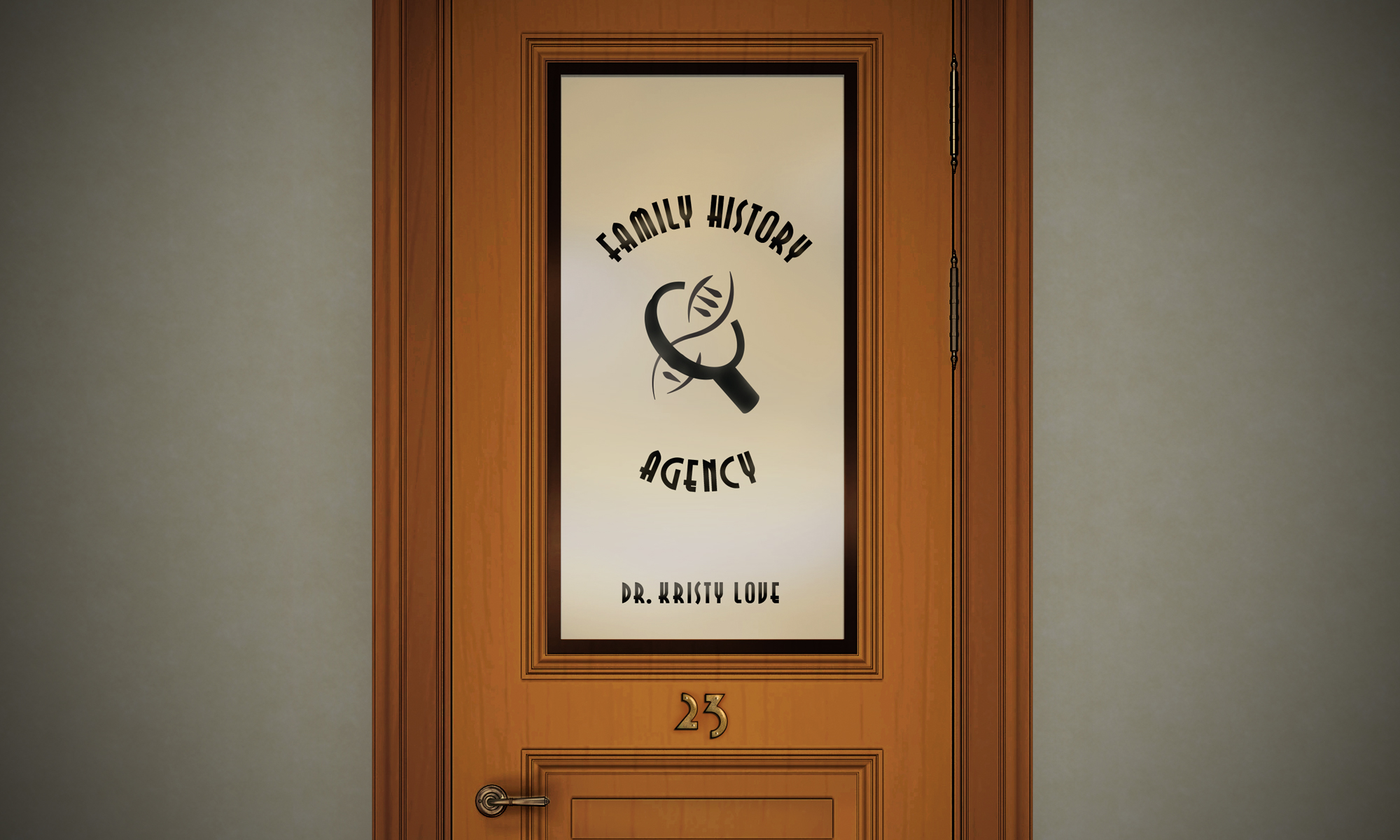 Image of a detective agency style door that reads: ' Family History Agency'. Dr Kristy Love. The number 23 is on the door.